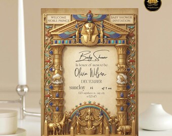 Golden Pharaoh Baby Shower Invitation, Tutankhamun Motif, Vintage Paper, Lux Gold Details, Regal Egyptian Celebration