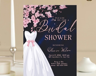 Dusty Rose Bridal Shower Invitation: Cherry Blossom, Navy Digital Template Printable Invitation Template Editable Canva Instant Download