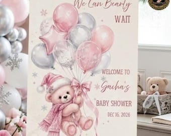 Christmas Baby Shower Welcome Sign, We Can Bearly Wait, Pink Teddy Bear Winter Baby Shower Canva Template