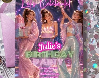 Disco Geburtstagseinladung Vorlage | Glitter Mädchen Party einladen | Bearbeitbare Leinwand | Druckbare digitale Geburtstagskarte | Neon-Pink Glam