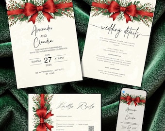 Velvet Ruby Bloom Wedding Invitation Suite | Cream Gold & Red Velvet Bow | Editable Canva Template | Luxury Wedding Invite