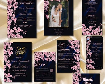Marineblauwe en blush fluwelen luxe huwelijksuitnodigingsjabloon, bewerkbare canvas trouwsuite, elegante marineblauwe blush roze roos uitnodiging