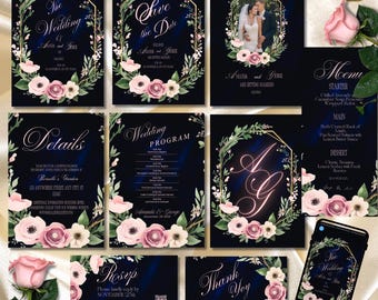 Navy Velvet Wedding Invitation Suite 10 Cards Bundle with Pink Floral & Greenery Wreath, Luxury Canva Template Set