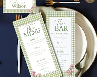 Salbeigrün kariertes Hochzeitsmenü-Set, rosa Blumenrahmen, elegantes Minimalmenü, Barkarte & Tischkarte Canva-Vorlage