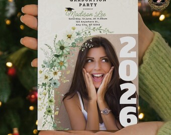 Abschluss-Einladung mit Foto | Bearbeitbar Canva Grad Invite | Druckbare Gold Grad Party Karte