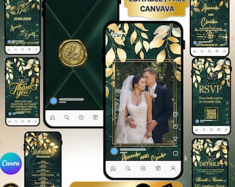 Emerald Green Gold Video Wedding Invitation, Animated Wedding Suite, Digital Invite, Electronic Save the Date, RSVP QR Code, Canva Template
