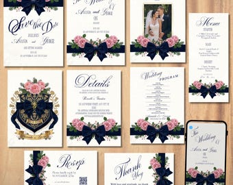 Navy Blue Velvet Bow Wedding Invitation Suite, Cream Gold Elegant Invite with Pink Floral Details, Luxury Canva Template