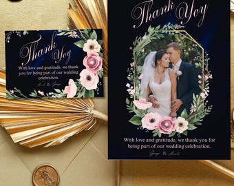 Navy Velvet Wedding Thank You Card with Photo, Pink Floral & Greenery, 2 Sizes Canva Template, Elegant Thank You Card