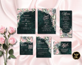 Smaragdgroene bloemen bruiloft uitnodigingssuite (digitale download) afdrukbare uitnodigingssjabloon bewerkbare canva direct downloaden