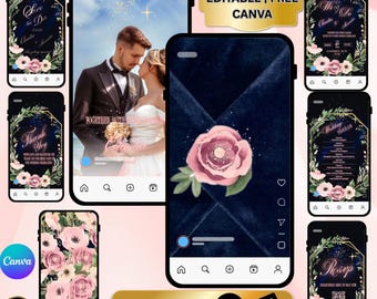 Marineblauwe fluwelen bruiloft video-uitnodiging, bloemen gouden frame canvas sjabloon, geanimeerde blush roze uitnodiging, bewerkbare digitale bruiloft uitnodiging