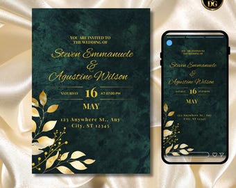 Emerald Green & Gold Wedding Invitation , digital invitaion, Editable Canva Template, Luxury Elegant Design, Printable