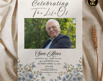 Funeral Invitation Template Beige Watercolor with Baby Blue Flowers Memorial Program Editable Canva Digital Download
