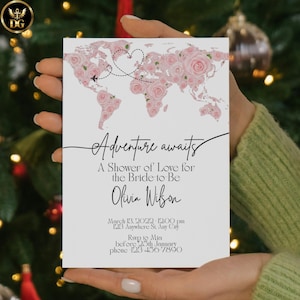May include: White invitation card with a world map design made of pink roses. The text "Adventure awaits" is written in elegant script, with details for a bridal shower, including the bride's name, date, time, and RSVP information.