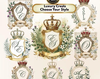 Olive Green Gold Crest Bundle, Floral Monogram Logo Set, Royal Custom Monogram, Luxury Crest Template, Editable Canva Logo Design