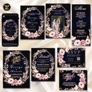 Op de afbeelding: Een verzameling marineblauwe trouwbriefpapier met bloemen- en geometrische ontwerpen. De set bevat uitnodigingen, RSVP-kaarten, een menu en een bedankkaart. De tekst bevat de namen "George & Amanda" en de trouwdatum.