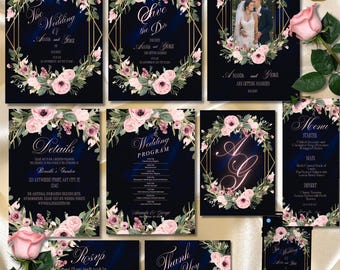 Navy Velvet Wedding Invitation Suite with Dusty Pink Floral Wreath, Luxury Canva Template Bundle, Elegant Blue Blush Wedding Set