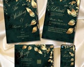 Emerald Green Gold Leaves Wedding Invitation Suite, Botanical Luxury Invite (Canva Template)