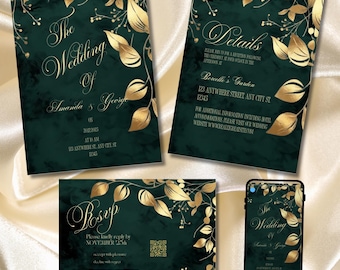 Emerald Green Gold Leaves Wedding Invitation Suite, Botanical Luxury Invite (Canva Template)