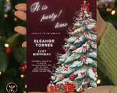 Festive Maroon Christmas Birthday Invitation | Editable 5x7 & Digital 1080x1920 Templates