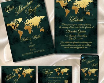 Hochzeitseinladung Set Canva | Bearbeitbar Smaragd Gold Reise einladen | Ausdruckbare Hochzeit