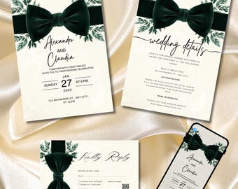 Emerald Velvet Bloom Wedding Invitation Suite | Cream Gold & Emerald Bow | Editable Canva Template | Luxury Wedding Invite