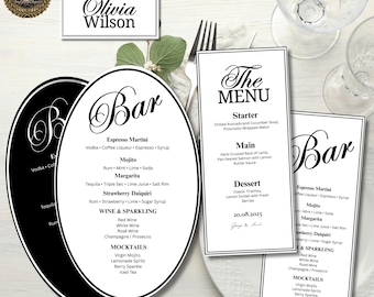 Schwarz-Weiß-Hochzeits-Menü-Set, Elegante Klassische Menü-Vorlage, Ovale Bar-Speisekarte, Minimaler Luxus Hochzeit Canva Vorlage
