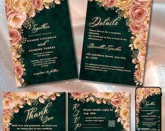 Emerald Green Gold Floral Wedding Invitation Suite, Dark Green Pink Rose Invite, RSVP Details Thank You, Editable Canva Template