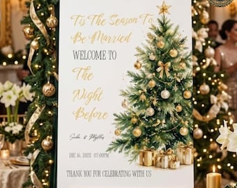 Tis the Season to Be Married Weihnachtshochzeit Willkommensschild, Minimal Goldbaum, Probeessen Zeichen, Bearbeitbare Canva Vorlage