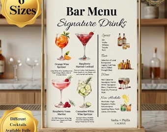 Hochzeit Bar Menü Vorlage | Signatur Getränke Cocktail Zeichen | Bearbeitbare Canva Printable | Bar Schild Hochzeitsdeko