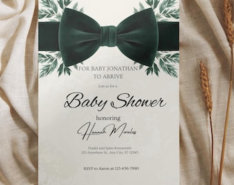 Emerald Velvet Baby Shower Invitation | Cream Gold & Emerald Bow | Gender Reveal | Printable Canva Template
