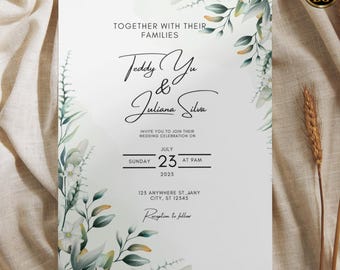 Olive Green Watercolor Wedding Invitation with Leafy Corners – Editable Canva Template for Elegant Botanical Garden Weddings