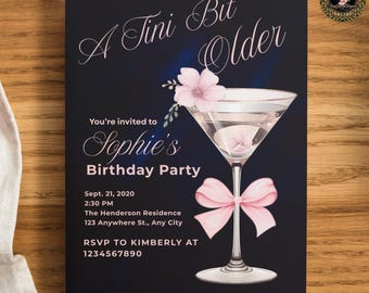 Marineblaue Geburtstagseinladung, ein Tini Bit älteres einladen, Martini-Geburtstagsfeier-Schablone, rosa Samt-Schleife Canva Digital