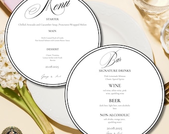 Rundes Hochzeitsmenü-Set, Menüvorlage mit schwarzem Rand, 5x5-modernes Minimalmenü, Bar-Menü-Schild Canva bearbeitbarer Download