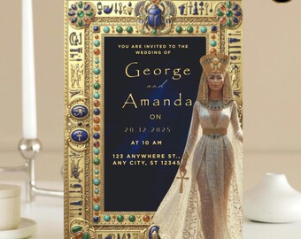 Navy Blue Egyptian Wedding Invitation Bundle, Nefertiti Royal Wedding Suite Gold Frame Egyptian Invite Luxury Pharaoh Wedding Canva Template