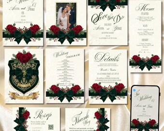 Luxury CreamGold Emerald Green Velvet Bow Red Floral Wedding Invitation Suite with Crest Editable Canva Template Elegant Romantic Stationery