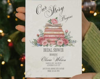 Our Story Begins Blush & Gold Storybook Bridal Shower Invitation Bundle | Pastel Books Luxury Canva Template