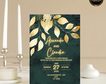 Emerald Green & Gold Wedding Invitation Suite | Editable Canva Template | Luxury Printable Design