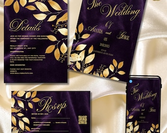 Deep Purple Gold Wedding Invitation Suite, Luxury Plum Wedding Template, Royal Elegant Canva Invite Set, Printable Editable Wedding Bundle
