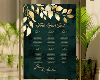 Smaragdgrün & Gold Hochzeit Sitzplan, Botanischer Gold Sitzplan, bearbeitbare Canva Vorlage, luxuriöses druckbares Poster