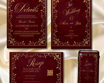 Luxury Burgundy Velvet Wedding Invitation Suite Gold Frame Botanical Elegant Royal Printable Canva Editable Fall Wedding Set