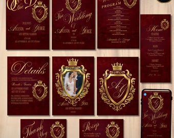Old Money Burgundy Velvet Wedding Invitation Suite, 10 Card Bundle, Gold Crest Monogram Invite, Luxury Classic Wedding Canva Template