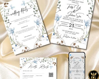 Blaue Wildblumen-Hochzeitseinladungsvorlage, Boho-Garten-Hochzeit einladen, bearbeitbare Canva-Einladungsfolge, minimalistisches Blumenmuster