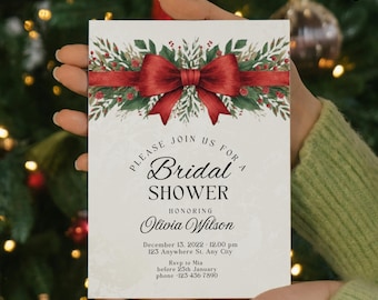 Velvet Ruby Bloom Bridal Shower Invitation | Cream Gold & Red Velvet Bow | Editable Canva Template