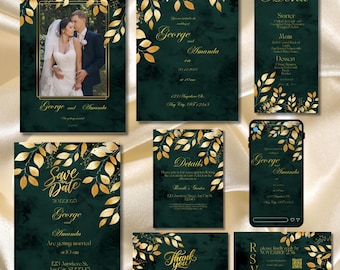 Emerald Velvet Wedding Invitation Suite – New Edition, Golden Leaf Botanical Design, Luxurious Elegant Editable Canva Set