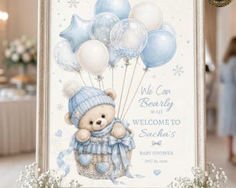 We Can Bearly Wait Baby Shower Welcome Sign, Baby Blue Teddy Bear Winter Baby Shower Canva Template, Christmas Baby Shower Welcome Sign