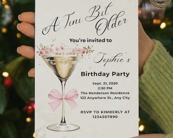 Martini-Geburtstagseinladung | Rosa Schleife Sektglas, Cocktailparty mit Blumen (Digitaler Download)