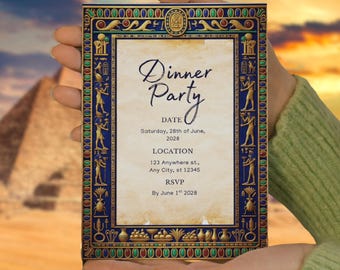 Egyptian Dinner Invitation Navy Blue Gold Celebrations, Pharaoh Theme Papyrus, Editable Canva Template, Ancient Egypt Jewelry