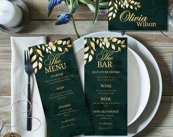 Smaragdgrüne Hochzeits-Menü-Set, Blattgold-Menü-Vorlage, Elegante Bar-Speisekarte & Tischname-Karte, Luxus Canva Hochzeits-Set
