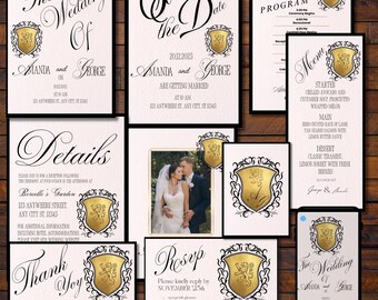 Luxury Old Money Wedding Invitation Suite, Gold Lion Crest, Black Frame, Beige Paper, Elegant Monogram, Timeless Regal Design
