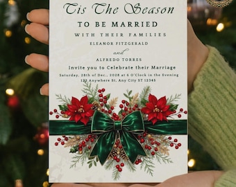 Christmas Wedding Bundle Template, Green Velvet Bow Invite, Holiday Wedding Suite, Editable Canva Invitation Set, Winter Wedding